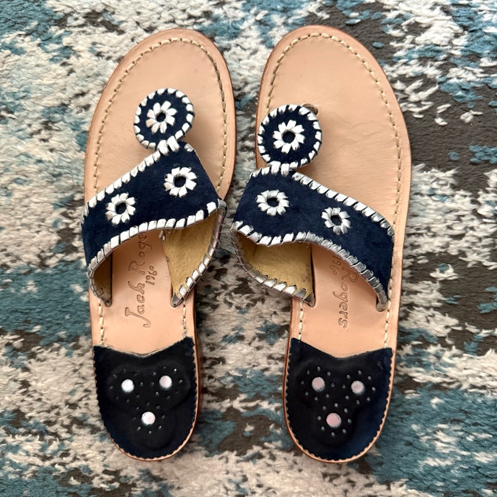 Jack Rogers Sandals Navy Blue Suede with Silver Stitching, size 8